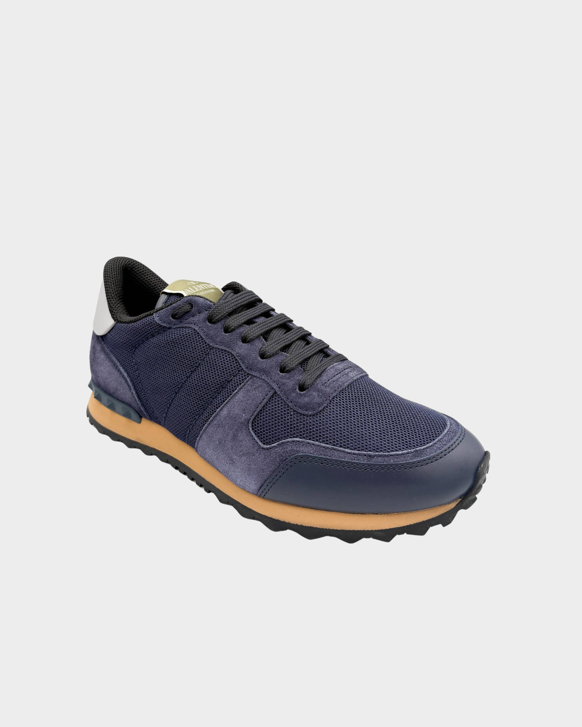Valentino Rockrunner mesh trainers in Night and Marine featuring suede and leather panels with signature stud detail