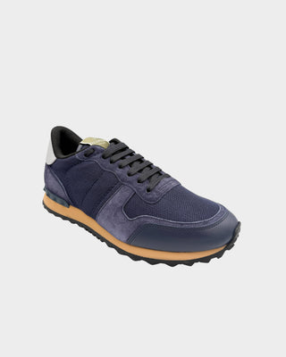 Valentino Rockrunner mesh trainers in Night and Marine featuring suede and leather panels with signature stud detail