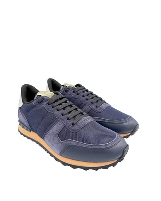 Side view of Valentino Rockrunner trainers in Night and Marine with contrasting mesh and suede construction