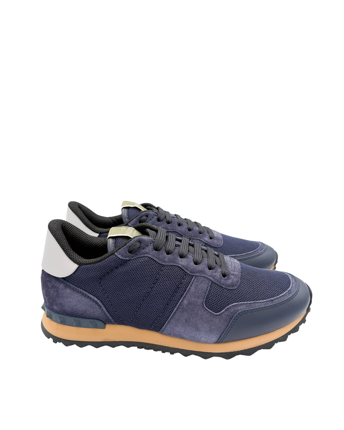 Top view of Valentino Rockrunner mesh trainers in Night and Marine highlighting lace-up design and layered textures