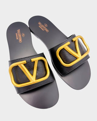 Valentino V Logo leather slides with signature gold-tone hardware