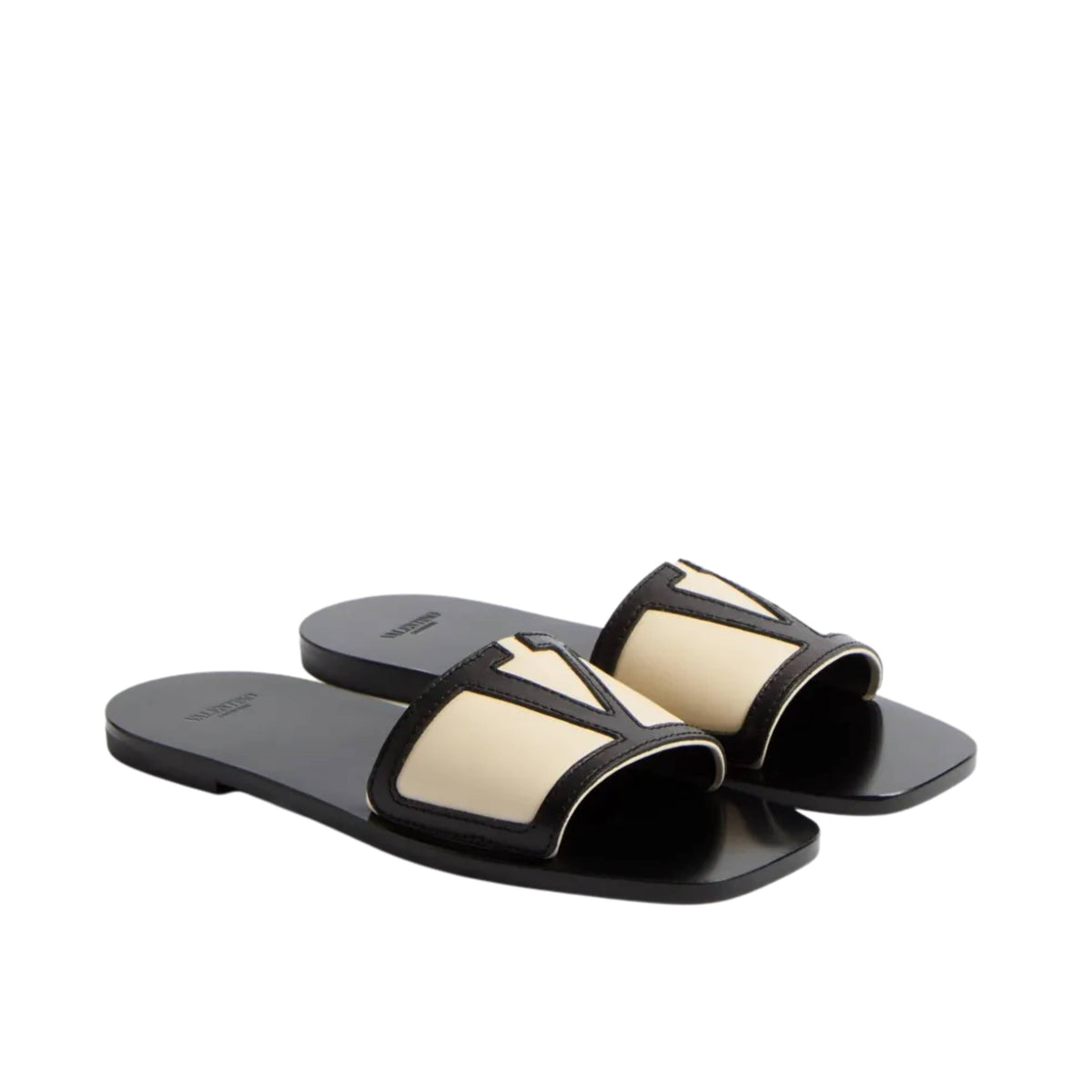 Valentino Garavani Viva Superstar VLogo leather slides with black and beige appliqué