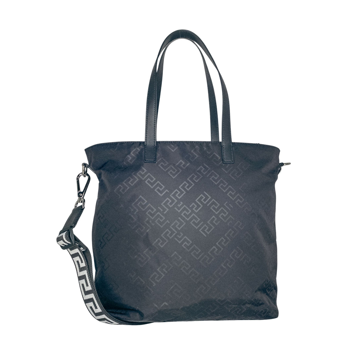 Back view of Versace Nylon Bag highlighting refined structure, durable nylon finish, and luxury detailing from Glamorizta.