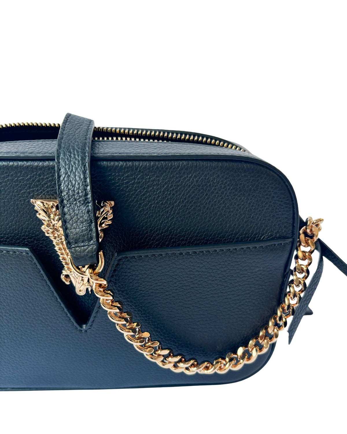 Detail view of chain on Versace Virtus camera bag