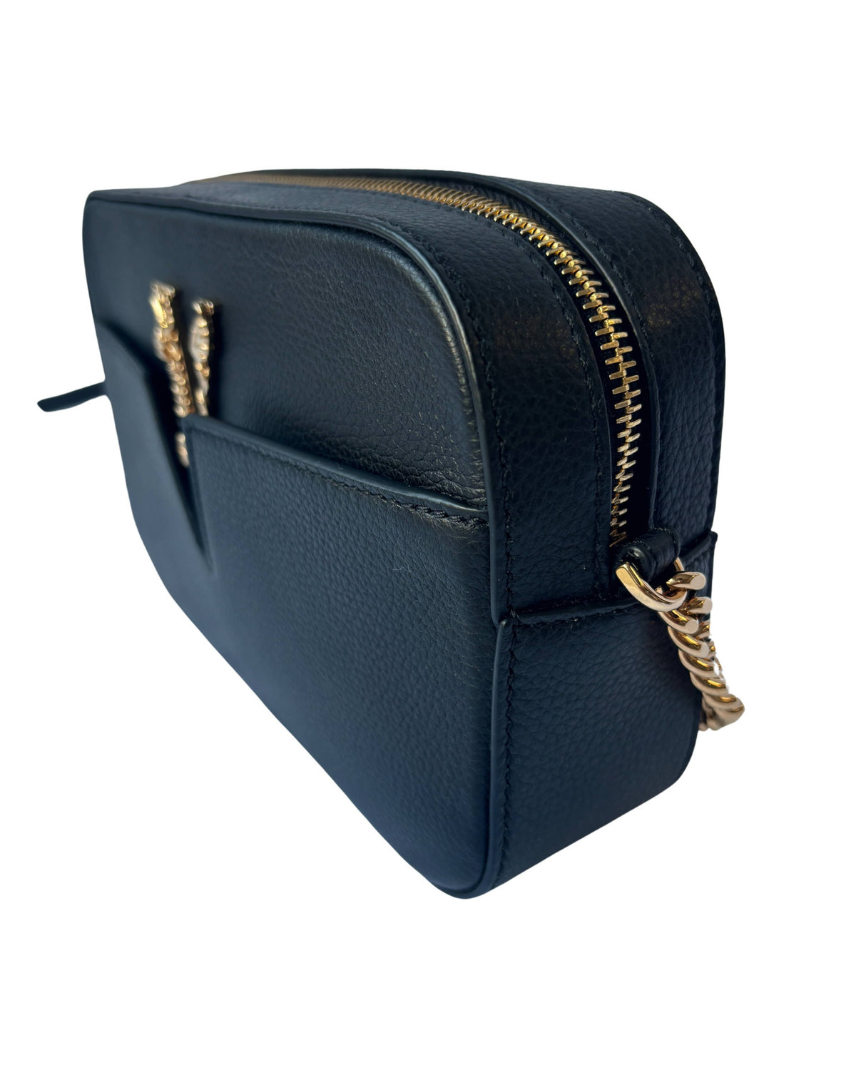 Side view of Versace Virtus camera bag with structured silhouette